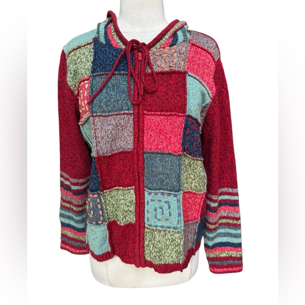 1980s/Early 90s PBJ Sport Oversized Patchwork Zip-Up Neckline Tie Hoodie Sweater